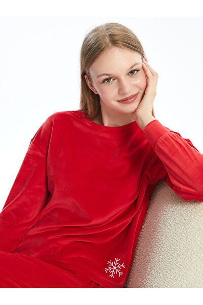 LC Waikiki Young Red Crew Neck Embroidered Long Sleeve Women's Pajama Set