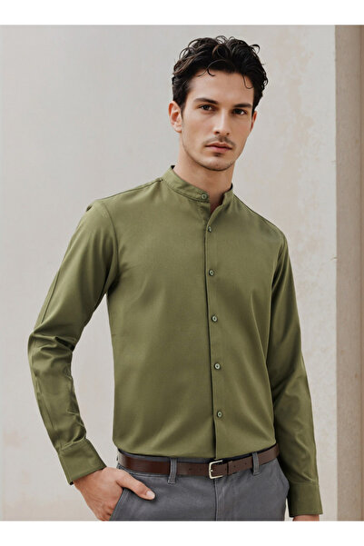 FAV قميص بقصّة عادية وياقة ماندرين منسوجة وأكمام طويلة