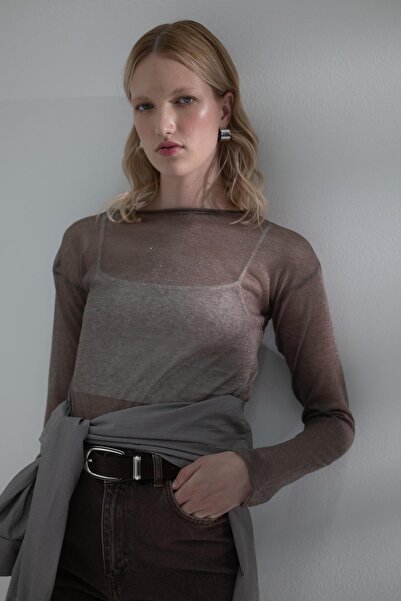 MARKALİSTE Ημιδιαφανές μακρυμάνικο μπλουζάκι βιζόν