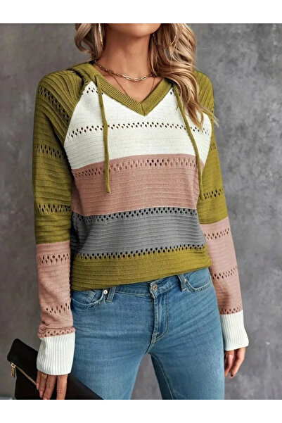 KentselBazaar Bluză de tricotat cu glugă, cu mânecă lungă, cu decolteu în V, cu șireturi