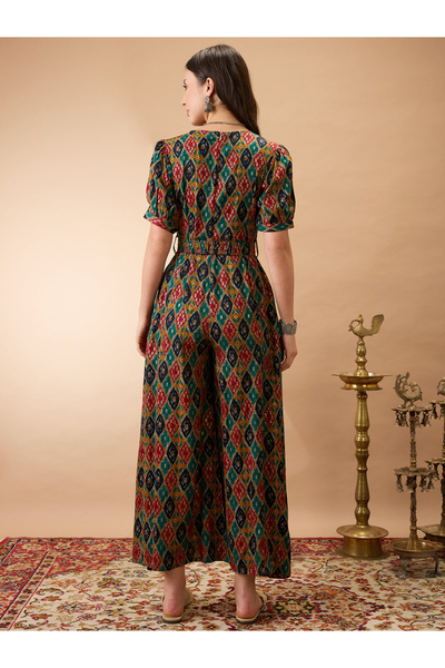 Globus By Styli Ethnic Motifs Print Flared Wide Leg Fusion Jumpsuit