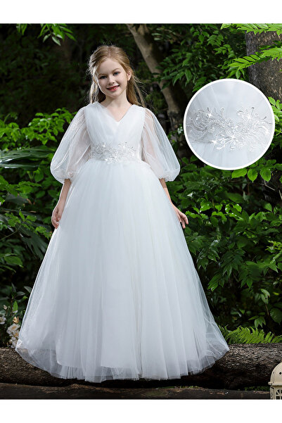 Take Two By Styli White Mesh Lace Detail Balloon Sleeve Dress