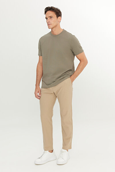 ALTINYILDIZ CLASSICS Men's Khaki 100% Cotton Slim Fit Slim Fit Crew Neck T-Shirt