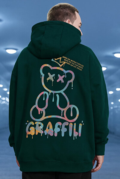 CLASSY.MODA هوديي للرجال قصة فضفاضة بغطاء رأس بتصميم غرافيتي ملون على شكل دب ...