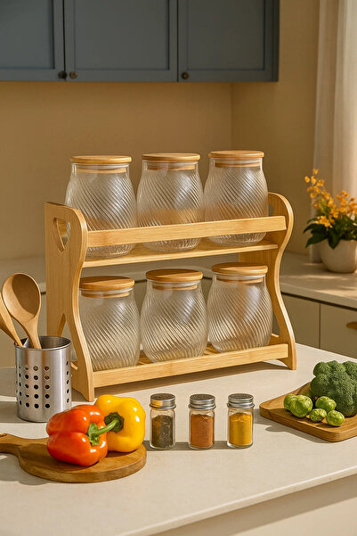Urbanza 6 Swirl Glass Jars with Bamboo Lids & Wooden Rack – Kitchen Spice Storage Organizer Set