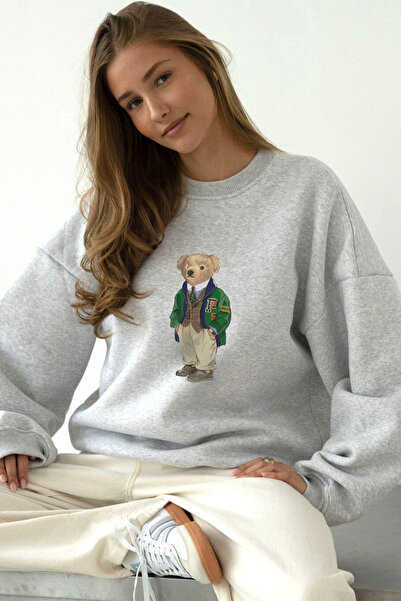 The Champ Clothing Жіночий сірий оверсайз-светр з принтом ведмедя - велосипедний комір, 3 нитки, шерстяний зимовий фасон