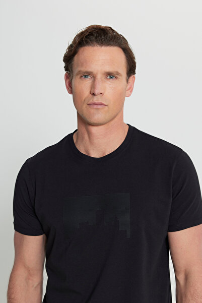 ALTINYILDIZ CLASSICS Men's Black Cotton Slim Fit Slim Fit Crew Neck Printed Stretchy T-Shirt
