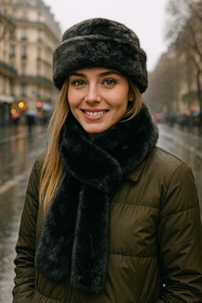 BALIENTE Black Soft Textured Plush Beanie and Neck Collar Set of 2