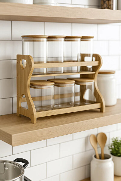 Urbanza 7 Clear Glass Jars with Bamboo Lids & Wooden Rack – Kitchen Spice Storage Organizer Set