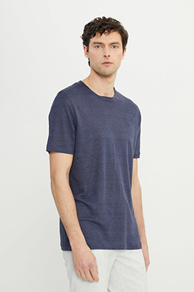 ALTINYILDIZ CLASSICS Men's Navy Blue 100% Linen Slim Fit Slim Fit Crew Neck T-Shirt
