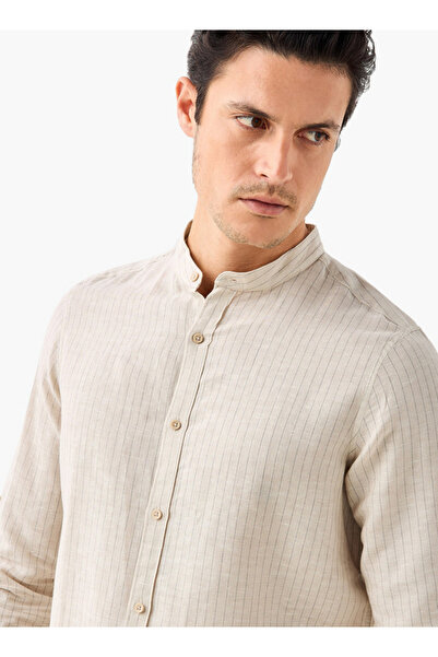 FAV Regular Fit Striped Linen Blend Shirt with Mandarin Collar
