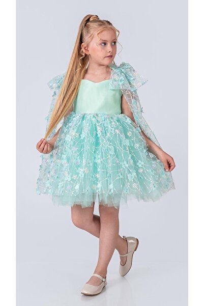 Mnk Baby&Kids Floral Embroidery Pattern İmeros Girl Evening Dress M00736 Mint Green