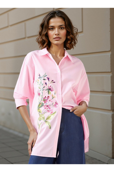 FAV قميص قطني مخطط بطبعة زهور