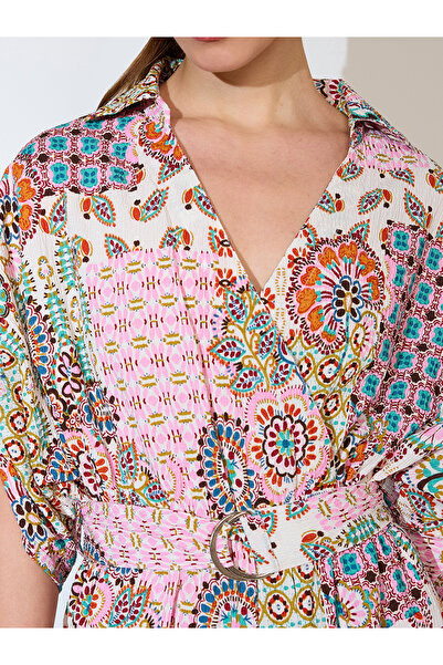 Globus By Styli Multi Ruched Sleeves Ethnic Motif Print Belted Fusion Jumpsuit