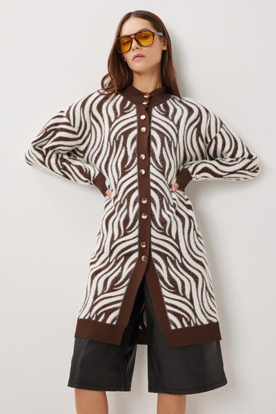 Lovelyİstanbul Patterned Long Knit Cardigan Lnx0015 Brown Bone