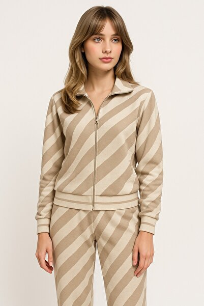 Okçu Triko Çizgili Triko Eşofman Takım-25K43764-BEJ-04