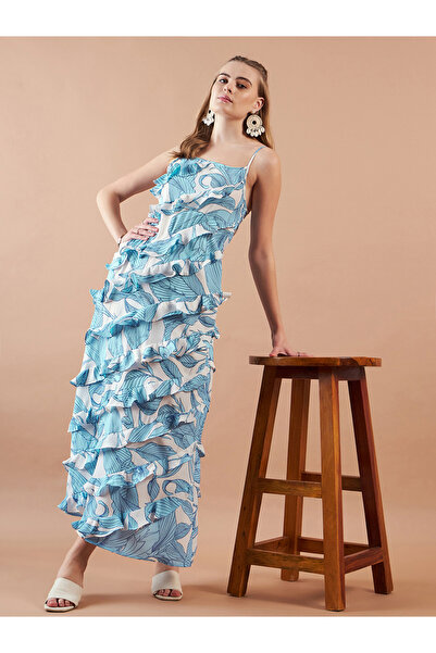 Freehand By Styli Tropical Print Ruffled Strappy Maxi Dress