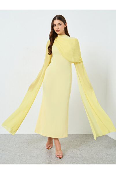 Take Two By Styli Solid Wrap Draped Mesh Cape Sleeve Maxi Dress