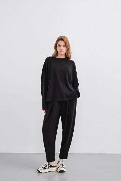 Basicpark Black Women's Soft Textured Premium Modal Fabric Top and Bottom Set