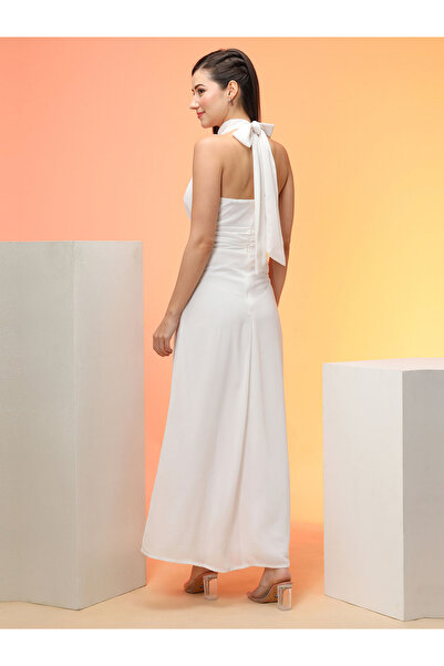 Globus By Styli White Tie-Up Halter Neck A-Line Maxi Dress