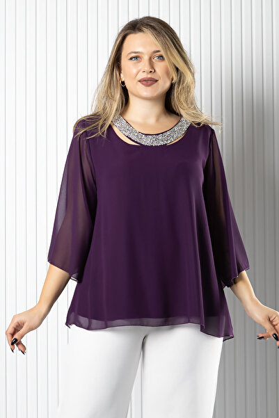 DENİMİNİ Şifon Yaka İşlemeli Büyük Beden Bluz DNM970