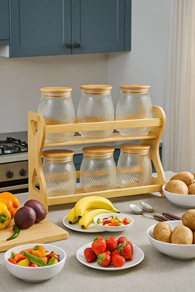 Urbanza 6 Swirl Glass Jars with Bamboo Lids & Wooden Rack – Kitchen Spice Storage Organizer Set
