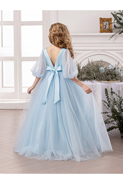 Take Two By Styli Blue Mesh Lace Detail Balloon Sleeve Dress