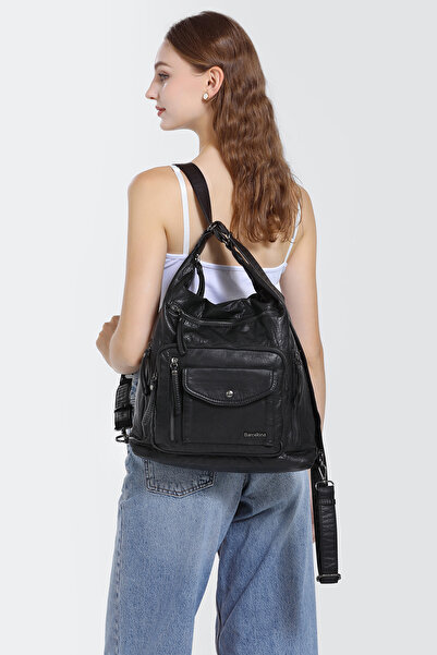 Hüvendo Barcelona Multi-Pocket Casual Adjustable Strap Large Size Women's Shoulder and Backpack Black