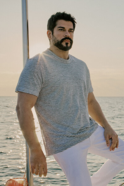 ALTINYILDIZ CLASSICS Men's Grey-Ecru 100% Linen Slim Fit Slim Fit Striped Crew Neck T-Shirt