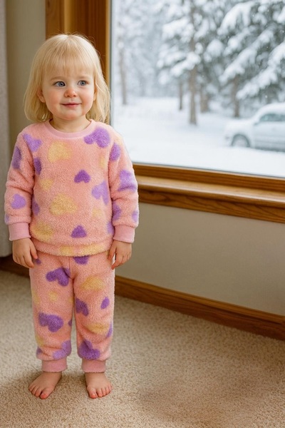 nazarbebe 2-4 Years Old Heart Patterned 3 Thread Fleece-Lined Fleece Set – Girls' Home & Winter Set
