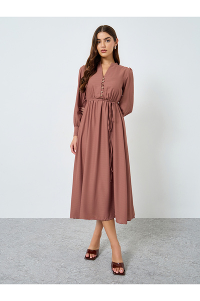 Maxim Creation By Styli Beige Long Sleeves Buttoned Maxi Dress