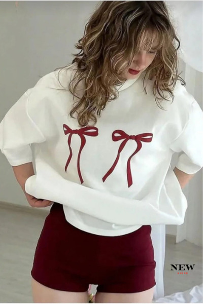 New Shine Μπλουζάκι με κόκκινο φιόγκο με τύπωμα oversized