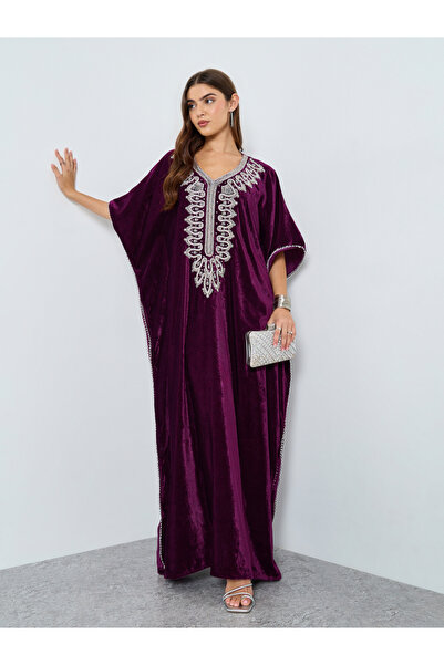 Maxim Creation By Styli Purple Velvet Look Embellished Jalabiya