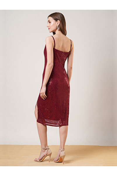 Globus By Styli Maroon Cowl Neck Strappy Sequined Midi Dress