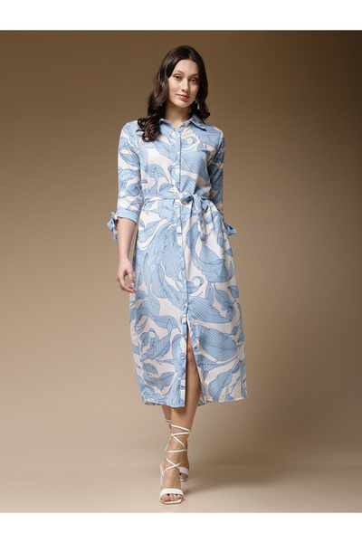 Freehand By Styli White Leaf Print Buttoned Midi Dress