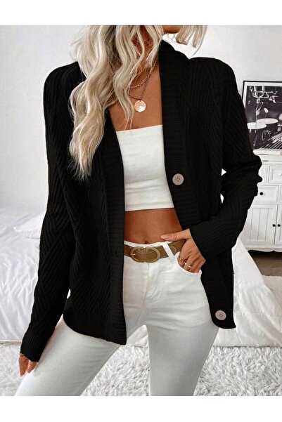 SolQ Baklava Patterned Buttoned Model Woven Detailed Long Sleeve Knitwear Cardigan