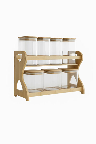Urbanza 7 Clear Glass Jars with Bamboo Lids & Wooden Rack – Kitchen Spice Storage Organizer Set
