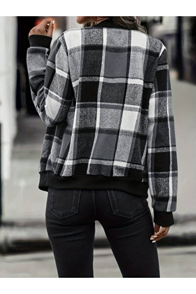 buğrahayalin Women's Long Sleeve Front Zipper Plaid Patterned Jacket