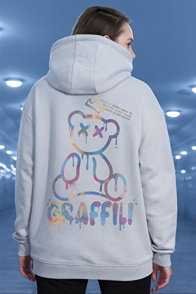 CLASSY.MODA Men's Oversized Hooded Colorful Graffiti Bear Printed Hoodie