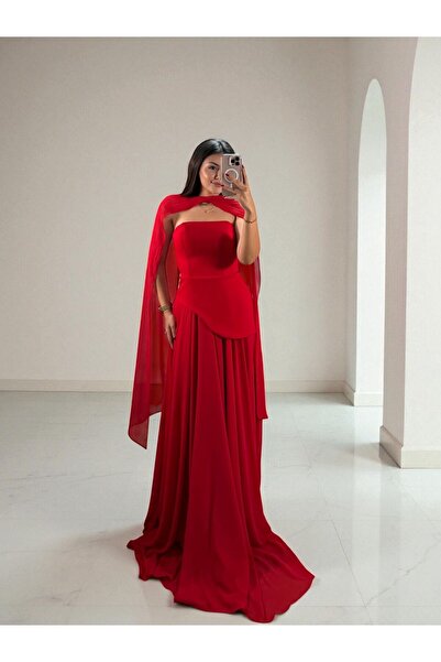 OLA Oriva Korseli Şifon Fular Detaylı Kırmızı Abiye Elbise