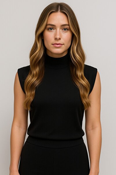 Okçu Triko High Collar Cap Sleeves Knitwear-25K43748-Black-99