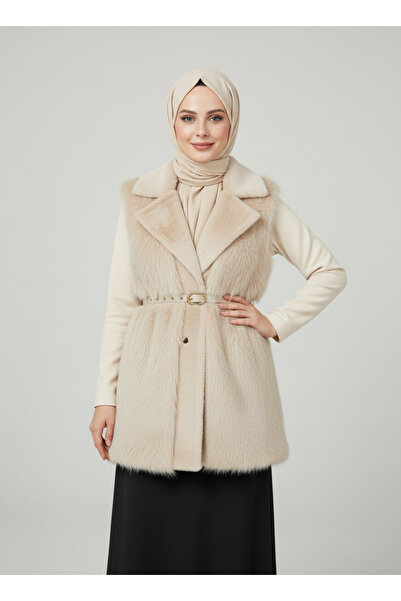 MİHRA STORE Finetta Metal Buttoned Fur Vest-En2209 Stone