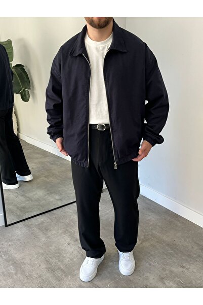 freemen Men's Basic Gabardine Fabric Zippered Oversized Transitional Polo Collar Navy Blue Jacket