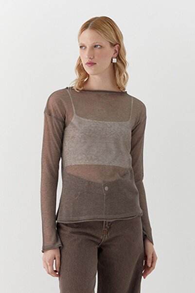 MARKALİSTE Ημιδιαφανές μακρυμάνικο μπλουζάκι βιζόν