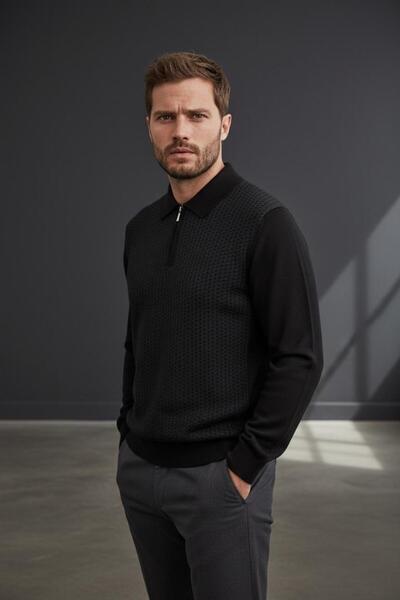 Sarar Πουλόβερ με φερμουάρ και γιακά πόλο, μαύρο καπνιστό πλεκτό πουλόβερ