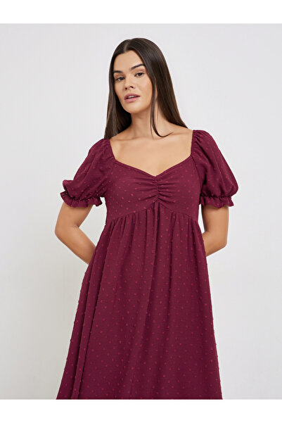 Styli Dobby Pattern Ruched V Neck Nightdress with Puff Sleeves