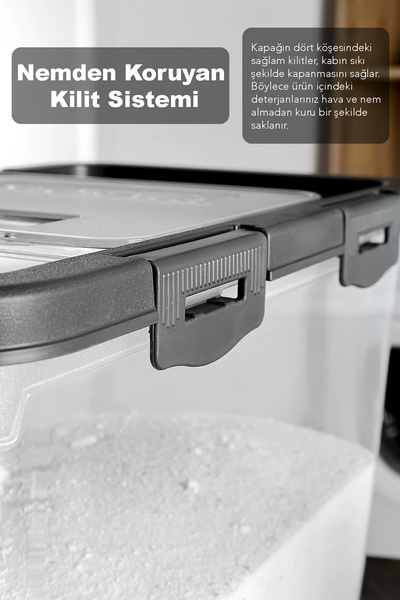 Meleni Home 2'li Etiketli Deterjan Saklama Kutusu - 15 Lt Sürgülü Kilitli Kapak Tablet Toz Deterjan Kabı Gri