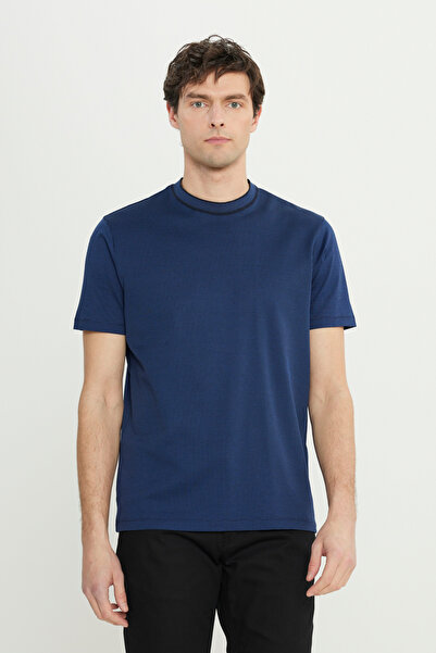 ALTINYILDIZ CLASSICS Men's Navy Blue 100% Cotton Slim Fit Slim Fit Crew Neck Jacquard T-Shirt