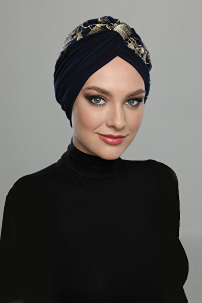 elysianfidan Special Design Navy Blue with Beige Embroidery Oval Patterned Lined Ready-To-Wear Turban Hijab Evening Dress Bonnet