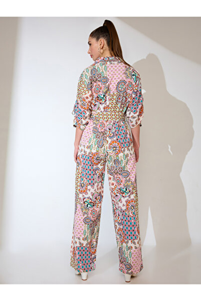 Globus By Styli Multi Ruched Sleeves Ethnic Motif Print Belted Fusion Jumpsuit